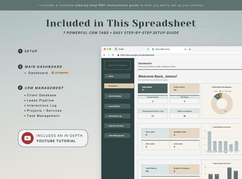 May include: A digital CRM spreadsheet dashboard interface featuring a sidebar with navigation tabs for setup, client database, leads pipeline, interactions log, projects, and tasks. The screen displays client metrics, status charts, and project overviews.