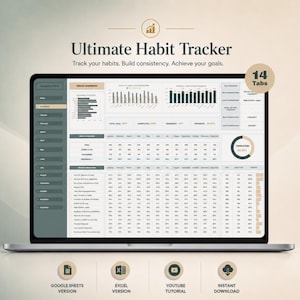 Strumento definitivo per il monitoraggio annuale delle abitudini Fogli Google Excel Pianificatore settimanale degli obiettivi per le abitudini quotidiane Modello di pianificazione in foglio di calcolo Monitoraggio mensile delle abitudini e della routine