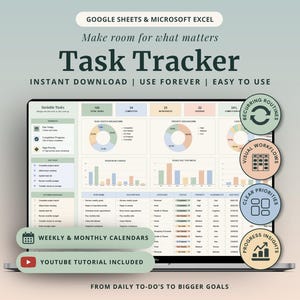 Może przedstawiać: Cyfrowy szablon do śledzenia zadań dla Google Sheets i Microsoft Excel wyświetlony na ekranie laptopa. Interfejs zawiera wykresy w pastelowych kolorach, paski postępu oraz szczegółową listę zadań z kolumnami statusu i priorytetów.