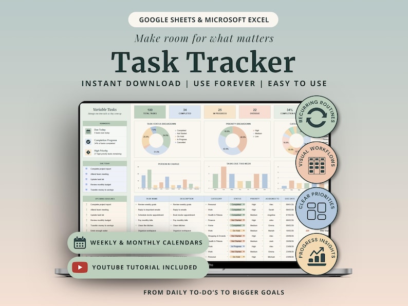 Peut inclure: Un mod&egrave;le de suivi de t&acirc;ches num&eacute;rique pour Google Sheets et Microsoft Excel affich&eacute; sur un &eacute;cran d'ordinateur portable. L'interface pr&eacute;sente des graphiques aux tons pastel, des barres de progression et une liste de t&acirc;ches d&eacute;taill&eacute;e.