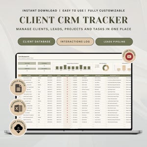 Puede incluir: Una hoja de cálculo digital de seguimiento de CRM de clientes en la pantalla de un portátil, con columnas para nombres de clientes, estado de proyectos y tareas. La interfaz incluye gráficos de datos, una base de datos y un registro.