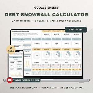 Calculadora de bola de nieve de deudas Hoja de cálculo de Google Rastreador de pago de deudas Rastreador de bola de nieve de deudas Rastreador de préstamos de tarjetas de crédito Pago de tarjeta de crédito Pago de hipoteca
