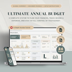 May include: A laptop and smartphone show a financial dashboard with charts and data. The text "ULTIMATE ANNUAL BUDGET" is prominent, with supporting text about planning finances. Additional text includes "In-Depth Youtube Tutorial" and "26 Tabs."