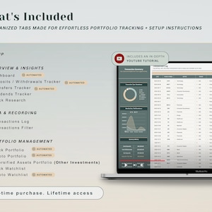 May include: A laptop screen displays a financial portfolio tracking interface. The screen shows data visualizations and a list of features, including a dashboard, stock portfolio, and crypto portfolio. Text on the screen reads "What's Included" and "One-time purchase. Lifetime access."