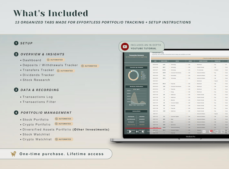 May include: A laptop screen displays a financial portfolio tracking interface. The screen shows data visualizations and a list of features, including a dashboard, stock portfolio, and crypto portfolio. Text on the screen reads "What's Included" and "One-time purchase. Lifetime access."