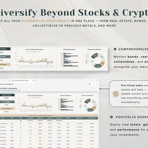 May include: A digital dashboard interface titled Diversify Beyond Stocks & Crypto, featuring a spreadsheet layout for tracking alternative investments. It includes performance charts, a holdings breakdown, and a portfolio overview table with data columns.