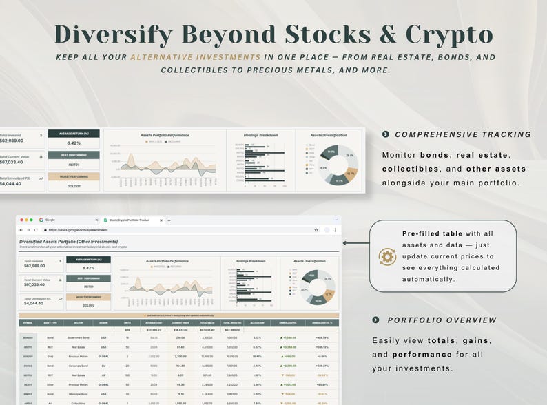 May include: A digital dashboard interface titled Diversify Beyond Stocks & Crypto, featuring a spreadsheet layout for tracking alternative investments. It includes performance charts, a holdings breakdown, and a portfolio overview table with data columns.