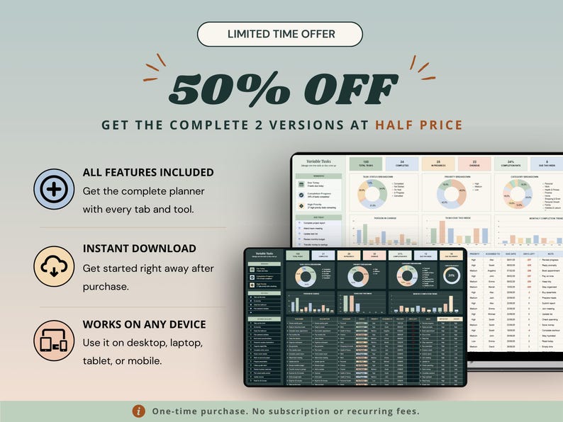 Peut inclure: Un tableau de bord de planificateur num&eacute;rique pr&eacute;sentant deux versions avec des graphiques de donn&eacute;es, des listes de t&acirc;ches et un suivi de progression. Le texte inclut 50% OFF, GET THE COMPLETE 2 VERSIONS AT HALF PRICE, ALL FEATURES INCLUDED, INSTANT DOWNLOAD, WORKS ON ANY DEVICE et One-time purchase.
