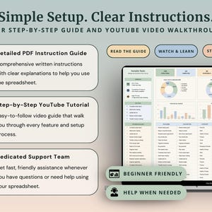 Peut inclure: Une feuille de calcul de gestion des t&acirc;ches affich&eacute;e sur un &eacute;cran d'ordinateur portable, accompagn&eacute;e des titres : Simple Setup. Clear Instructions. YOUR STEP-BY-STEP GUIDE AND YOUTUBE VIDEO WALKTHROUGH. Inclut des boutons READ THE GUIDE, WATCH & LEARN, START PLANNING, BEGINNER FRIENDLY et HELP WHEN NEEDED.