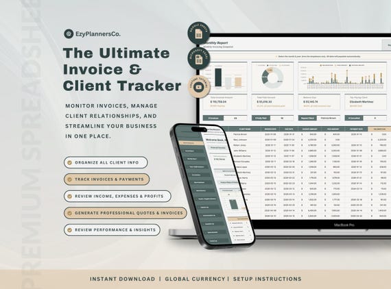 Invoice & Client Tracker Spreadsheet Invoice Generator Excel Template Client CRM Google Sheets Small Business Client Management Tracker