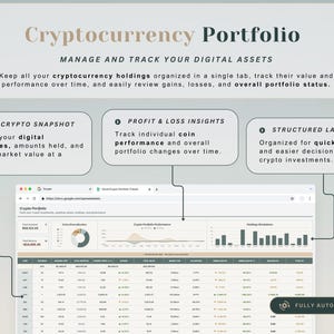 May include: A digital spreadsheet titled "Cryptocurrency Portfolio" with data visualizations and financial metrics. The interface displays cryptocurrency holdings, profit and loss insights, and a structured layout for easy tracking of digital assets. The text reads "Manage and Track Your Digital Assets."