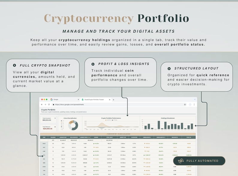 May include: A digital spreadsheet titled "Cryptocurrency Portfolio" with data visualizations and financial metrics. The interface displays cryptocurrency holdings, profit and loss insights, and a structured layout for easy tracking of digital assets. The text reads "Manage and Track Your Digital Assets."