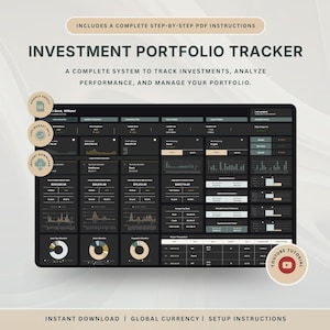 Peut inclure: Un tableau de bord numérique de suivi de portefeuille d'investissement avec une interface en mode sombre, des graphiques financiers, des tableaux de données et des indicateurs de performance. Texte : "INVESTMENT PORTFOLIO TRACKER".