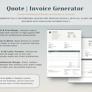May include: Image of a quote and invoice generator. The image shows a clean, modern design with the text "Quote | Invoice Generator" and the ability to create professional quotes and invoices quickly. Features include PDF export, easy sharing, and A4 & US Letter formats.
