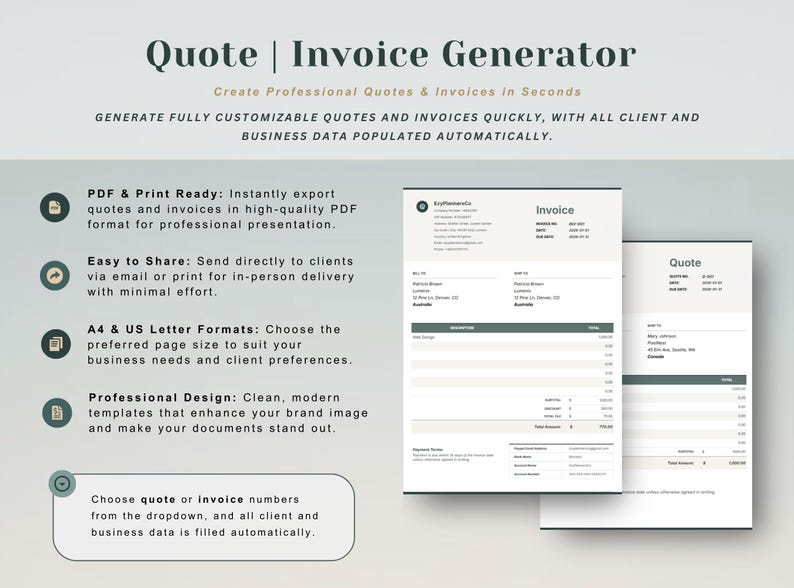 May include: Image of a quote and invoice generator. The image shows a clean, modern design with the text "Quote | Invoice Generator" and the ability to create professional quotes and invoices quickly. Features include PDF export, easy sharing, and A4 & US Letter formats.