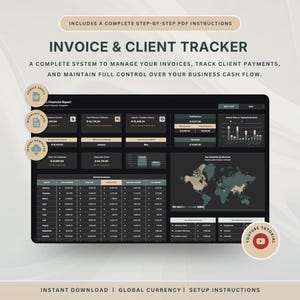 May include: An Invoice & Client Tracker digital dashboard featuring a dark interface with financial data tables, a world map for revenue tracking, and summary charts. The layout includes sections for total revenue, expenses, and profit metrics.