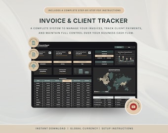Invoice & Client Tracker Spreadsheet Invoice Generator Excel Template Client CRM Google Sheets Small Business Client Management Dark Mode