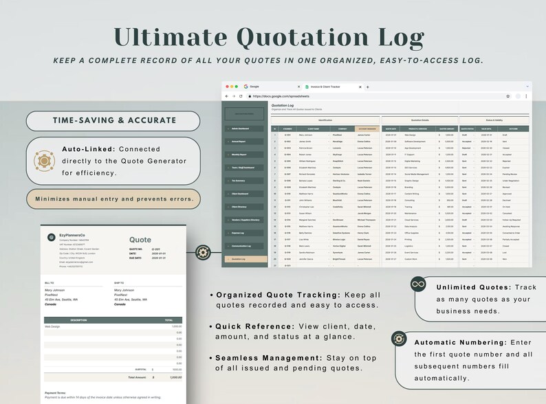 May include: A digital document titled "Ultimate Quotation Log" with a spreadsheet interface. The image highlights features like auto-linking, organized quote tracking, and automatic numbering. A sample quote is also displayed.