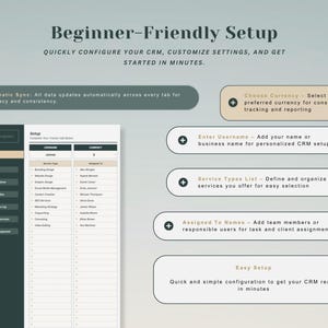 May include: A digital CRM setup interface featuring a Beginner-Friendly Setup header, a navigation sidebar, and a table for username and currency. Text boxes explain features like Automatic Sync, Choose Currency, Enter Username, and Service Types List.