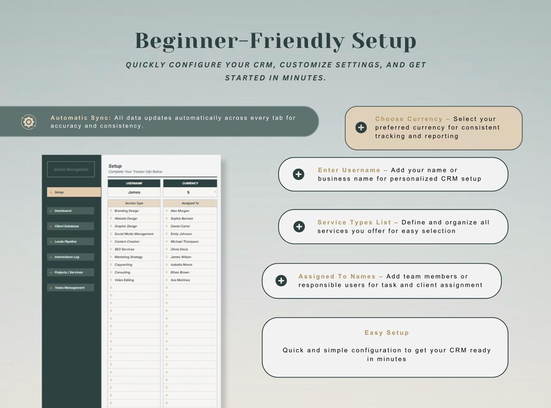 May include: A digital CRM setup interface featuring a Beginner-Friendly Setup header, a navigation sidebar, and a table for username and currency. Text boxes explain features like Automatic Sync, Choose Currency, Enter Username, and Service Types List.
