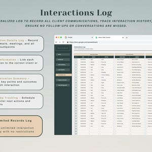 May include: A digital interactions log spreadsheet template featuring a dark sidebar navigation menu and a detailed table for tracking client communications, including columns for date, priority, method, client name, company, interaction details, and outcome.
