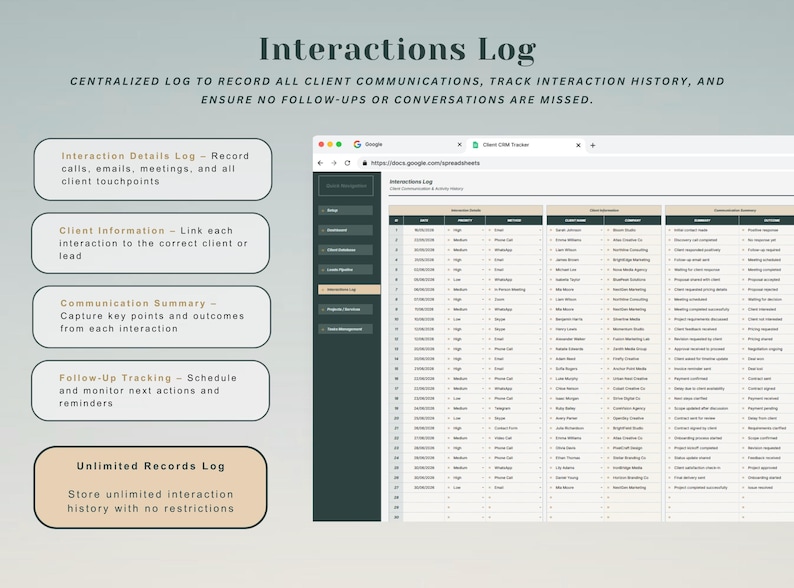 May include: A digital interactions log spreadsheet template featuring a dark sidebar navigation menu and a detailed table for tracking client communications, including columns for date, priority, method, client name, company, interaction details, and outcome.