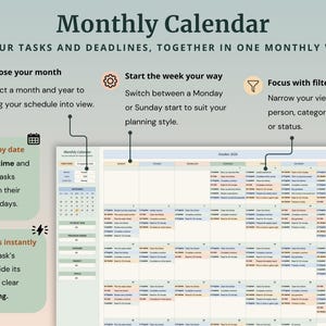 Peut inclure: Une interface de calendrier mensuel num&eacute;rique pr&eacute;sentant une grille pour les t&acirc;ches et les &eacute;ch&eacute;ances. L'affichage inclut des options pour choisir les mois, alterner entre un d&eacute;but le lundi ou le dimanche, appliquer des filtres et visualiser les t&acirc;ches par date avec des indicateurs de statut cod&eacute;s par couleur.
