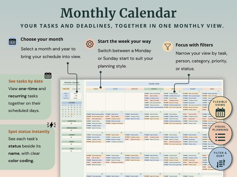 Peut inclure: Une interface de calendrier mensuel num&eacute;rique pr&eacute;sentant une grille pour les t&acirc;ches et les &eacute;ch&eacute;ances. L'affichage inclut des options pour choisir les mois, alterner entre un d&eacute;but le lundi ou le dimanche, appliquer des filtres et visualiser les t&acirc;ches par date avec des indicateurs de statut cod&eacute;s par couleur.