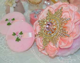 Hollywood Glam Powder Puffs, two small vintage puffs and a pink bling vanity top stunner!