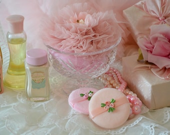 Vintage 4 piece Powder Puff Set, dainty pink midcentury vanity top cosmetic lot, crystal boudoir decor