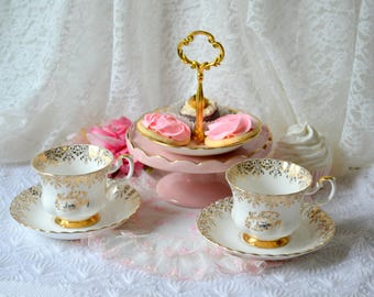 2 VINTAGE Royal Albert cup and saucer sets, ivory gilded Happy Anniversary pair, lot of two