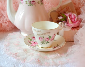 VINTAGE Pink Roses, midcentury teacup and saucer, Happy Anniversary