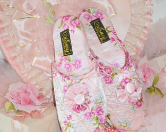SALE:  Pink Quilted Satin Slippers, new old stock gorgeous roses boudoir slippers