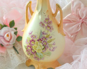Unique Footed Antique Vase, vintage yellow and purple flowers, Cottagecore Decor