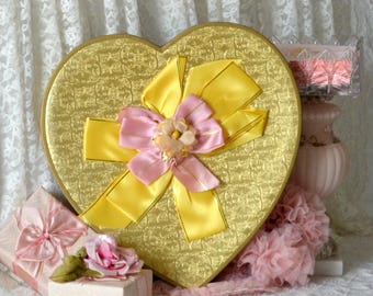 SALE:   XL Vintage Candy Heart Box, Valentine chocolate box, Midcentury gold and pink Valentine's Day