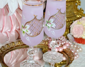 SALE:  Baroque MCM Toasting Glasses, stunning vintage gilded and lavender champagne / wedding reception crystal glasses