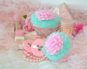 4 Piece Marie Antoinette vintage cosmetics lot, powder puffs and crystal bowl vanity top set