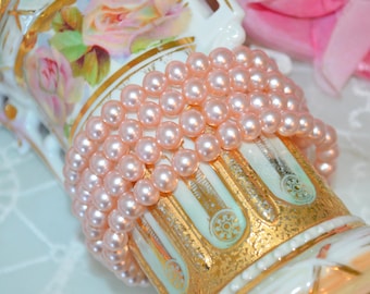 1960's JAPAN pink faux pearl bracelet, 4 strand heavy midcentury cuff piece