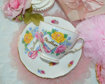 Vintage MOTHER cup and saucer by Vale, midcentury bone china pink roses teacup, England