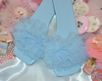 Blue Boudoir Slippers, Hollywood Glam tulle slippers, Romantic Kitsch
