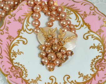 Midcentury Cluster Necklace, vintage Haskell Style choker, rhinestones and faux pearls double strand
