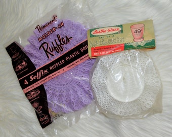 NEW OLD STOCK, 2 packages of vintage plastic ruffle doilies, Lustro Ware, original packaging, mid century kitsch
