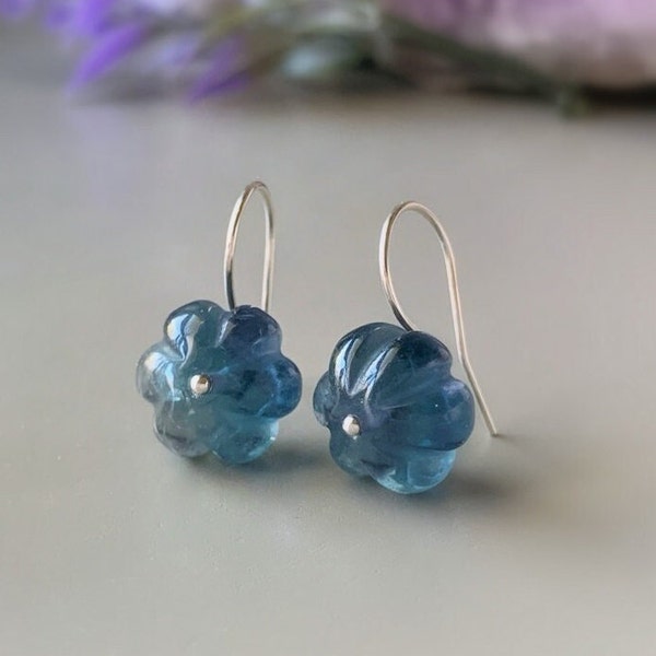 Blue Fluorite Earrings - Carved Gemstone Flower Earrings - One of a Kind Gift