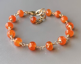 Carnelian Bracelet - Fanta Orange Faceted Gemstone Bracelet - 14K Gold filled - Adjustable length bracelet.