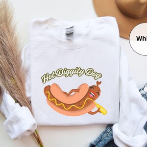 Hot Diggity Dog Crewneck Sweatshirt, Cheerful Hot Dog, Creepy Hot Dog, Fun Hot Dog Graphic Sweatshirt, Foodie Gift, Hot Dog with Mustard