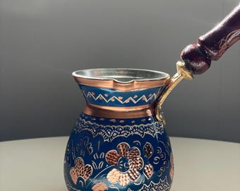 Solid Copper Turkish Greek Arabic Coffee Pot, Stovetop Copper Coffee Marker with Wooden Handle, Cezve Ibrik Briki 3 Sizes or set of 3