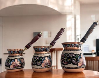 Solid Copper Turkish Greek Arabic Coffee Pot, Stovetop Copper Coffee Maker with Wooden Handle, Cezve Ibrik Briki