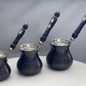 Solid Copper Turkish Greek Arabic Coffee Pot with Wooden Handle Cezve Ibrik Briki