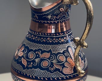 Engraved Copper Pitcher 2 Liters, Turkish Copper Water Jug, Antique Copper Pitcher, Copper Pitcher With Handle