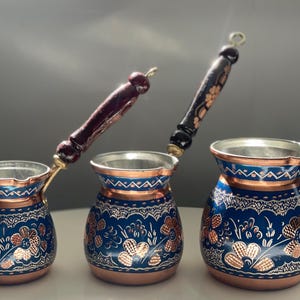 Copper Turkish Greek Arabic Coffee Pot, Stovetop Solid Copper Coffee Marker with Wooden Handle, Cezve Ibrik Briki Sauce Pan 3 Sizes or Set